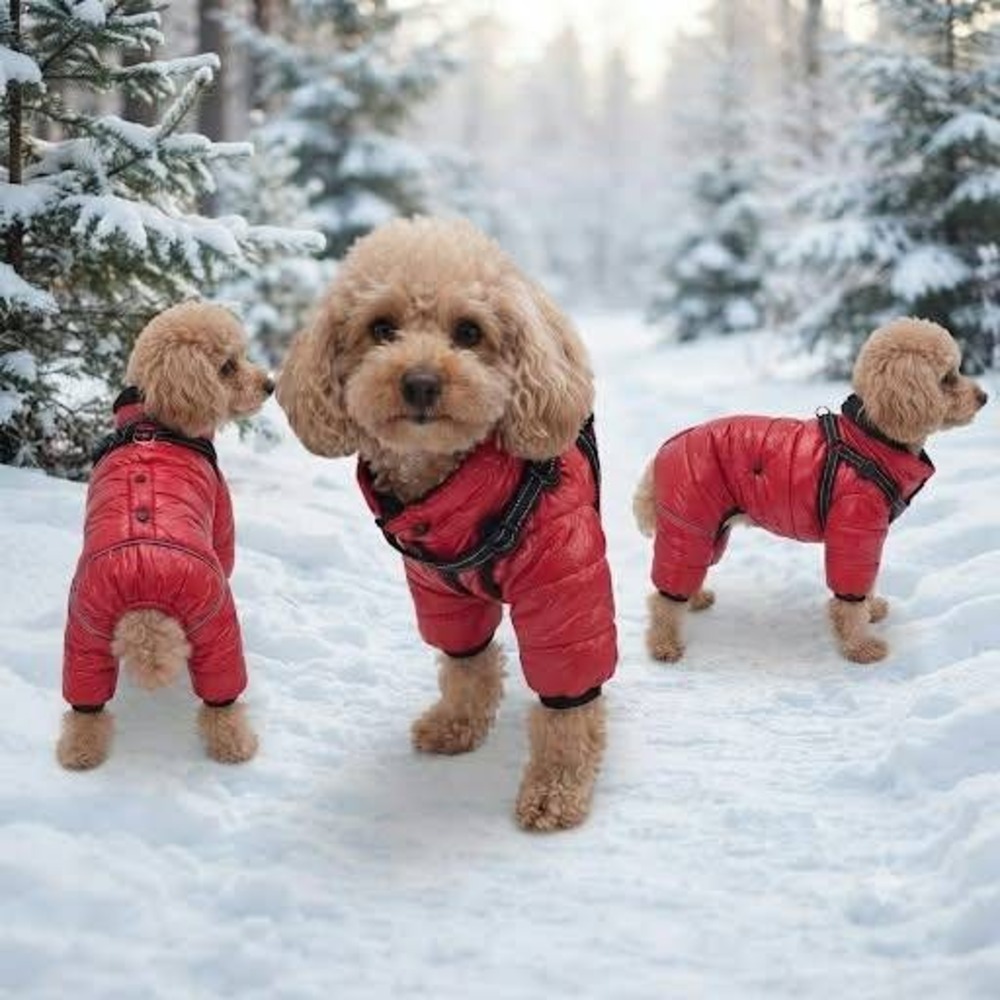 Red Puffer Dog Snowsuit Quilted Pet Jumpsuit with Harness Reflective Trim 12in